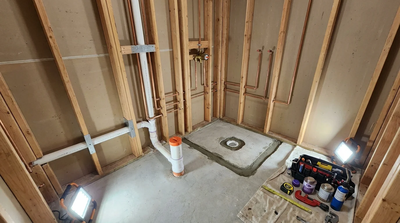 Bathroom rough-in plumbing during remodel by Johns Plumbing LLC in Prairie Village