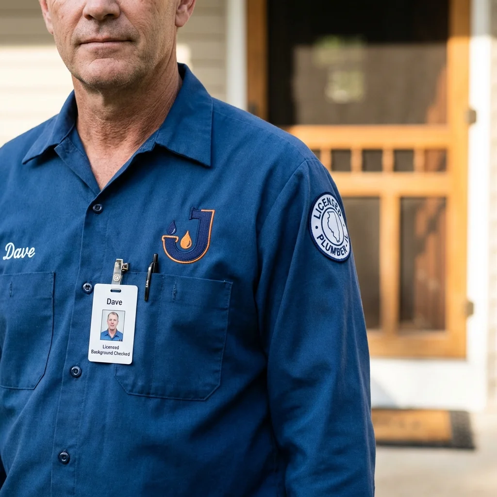 Licensed plumber showing ID badge in Prairie Village, KS