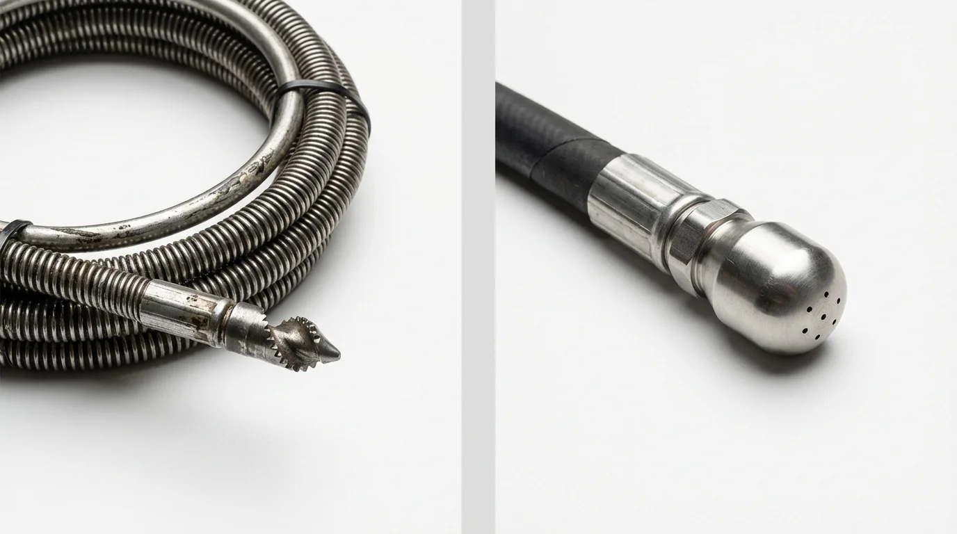 Drain snake cable and hydro jetting nozzle used for drain cleaning in Prairie Village, KS