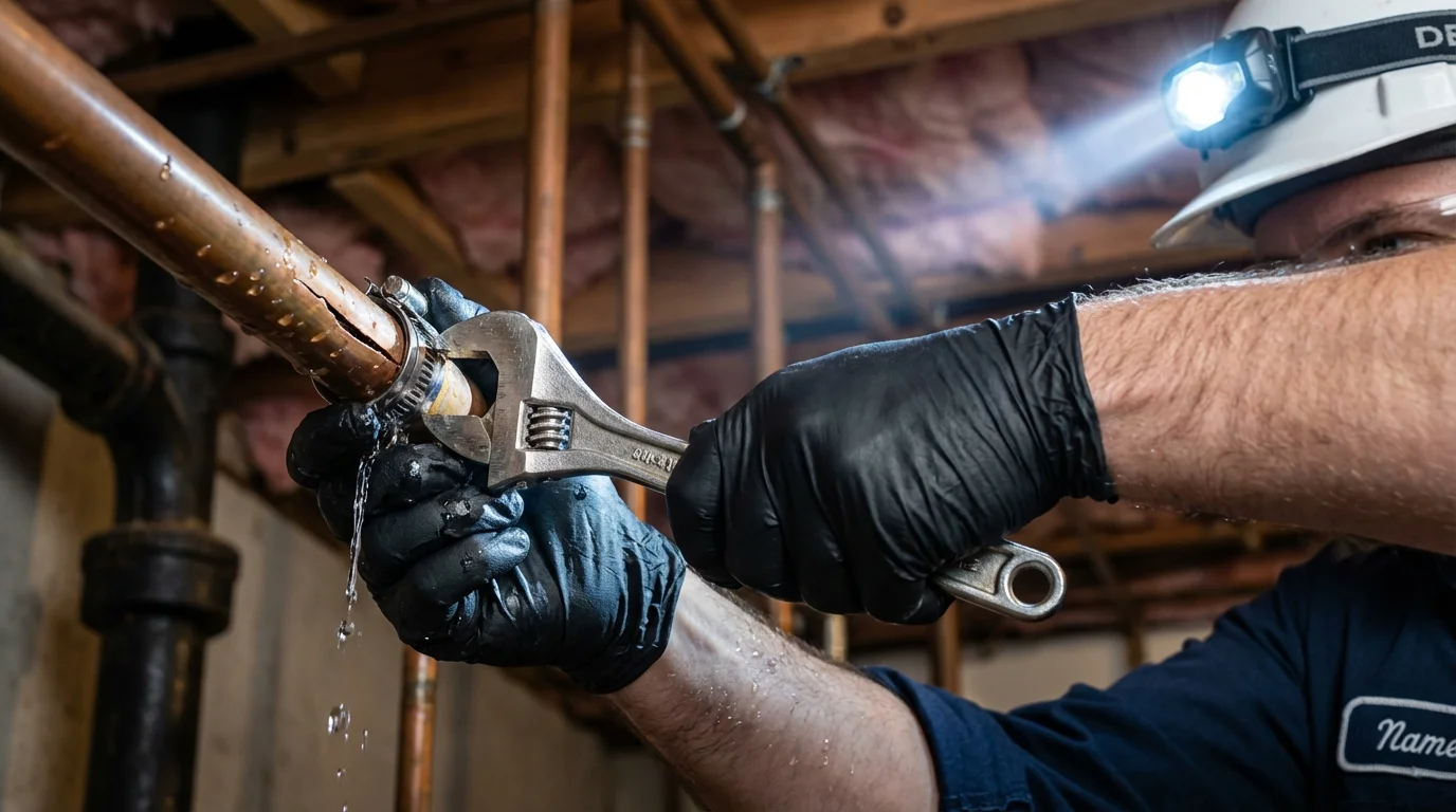Emergency pipe clamp repair being performed by a Johns Plumbing LLC plumber in Prairie Village
