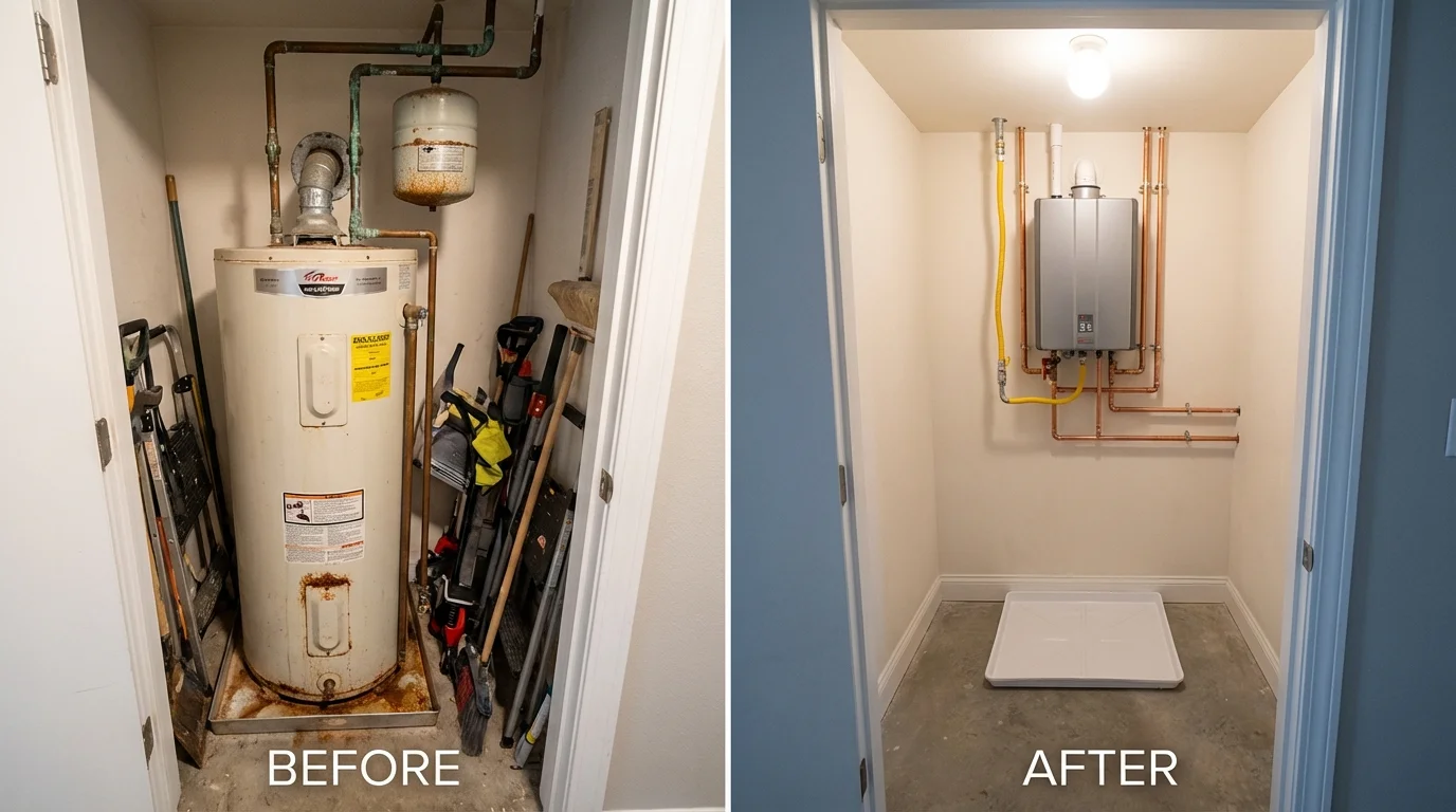 Tank water heater versus wall-mounted tankless unit comparison for Prairie Village, KS homeowners