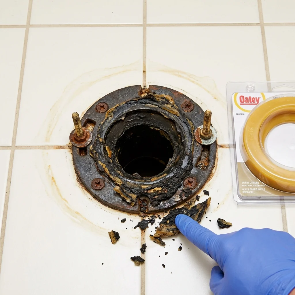 Failed wax ring showing water seepage at the base of a toilet in a Prairie Village, KS home