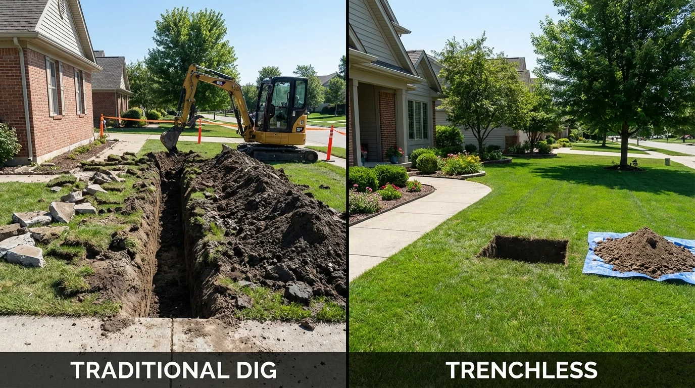 Trenchless sewer repair with minimal yard damage versus traditional excavation in Prairie Village, KS
