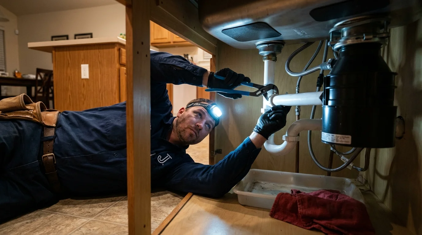 P-trap and supply line connections under a kitchen sink showing a common leak point in Prairie Village, KS